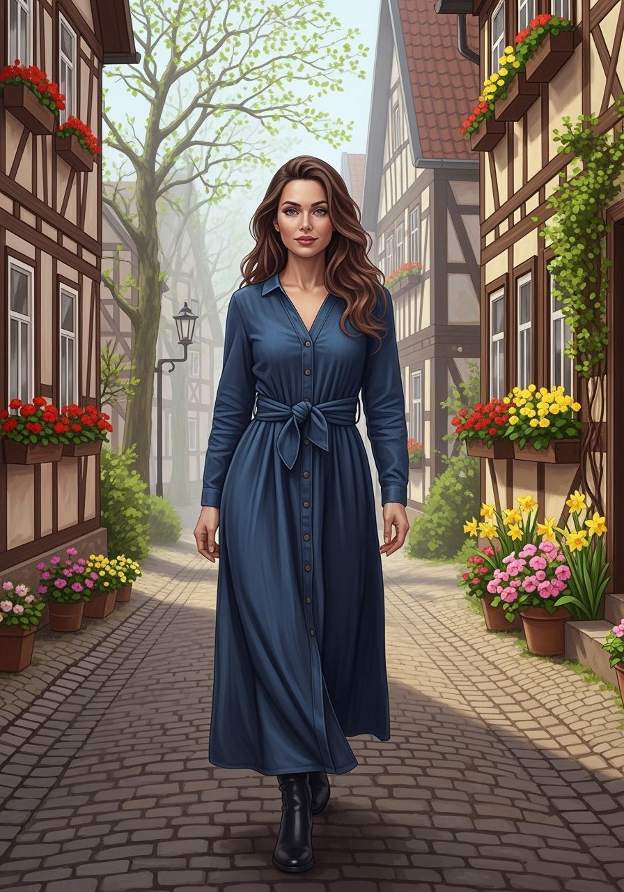 Woman in Denim Dress in Spring German Village