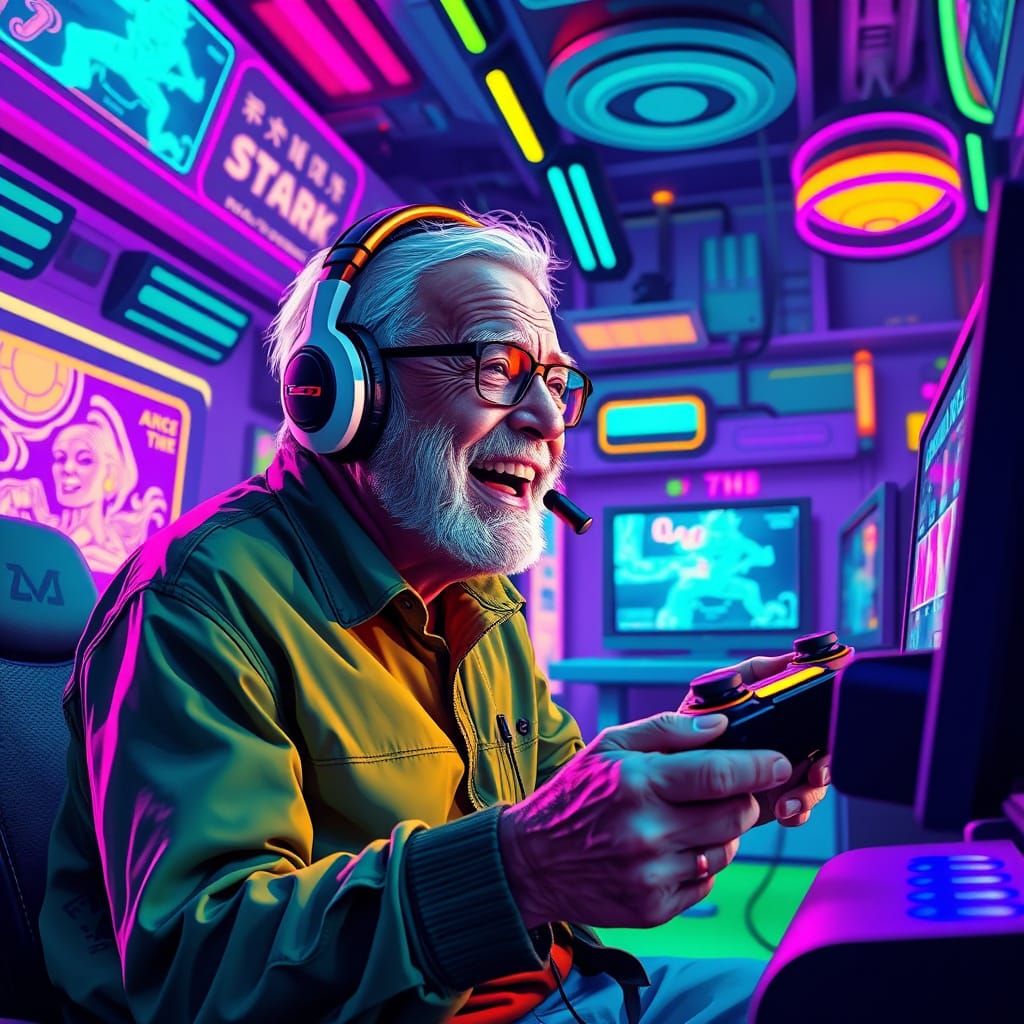 Elderly Gamer in Cyberpunk Gaming Room