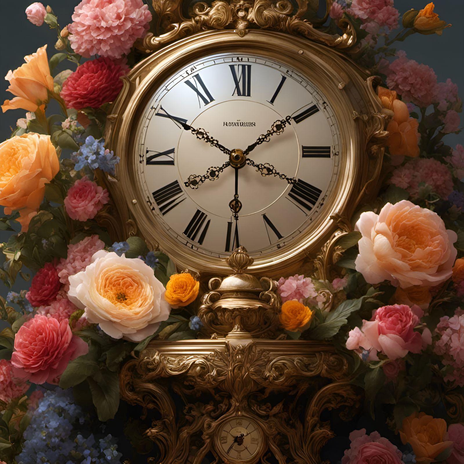 Floral Clock in Rococo Style, Hyperdetailed