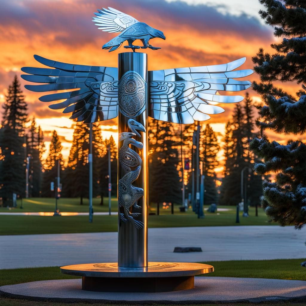 Totem Pole Sculpture at Dusk in Magic Realism