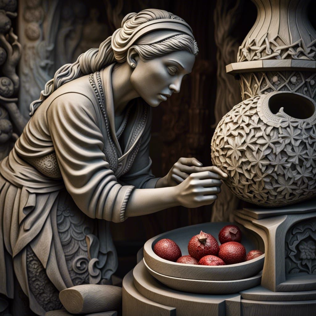 Woman Sculptor Carving Stone Pomegranate Sculpture