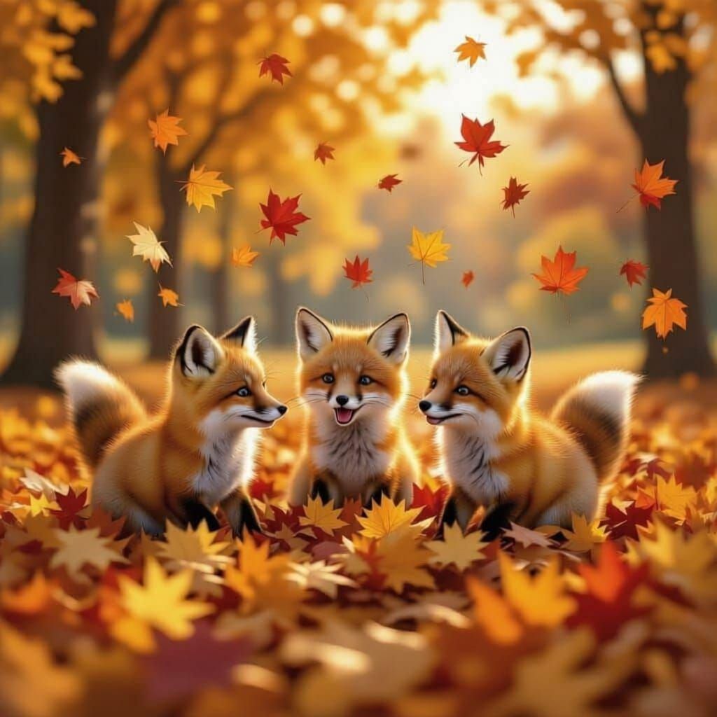 Cute Fox Cubs Play in Autumn Leaves