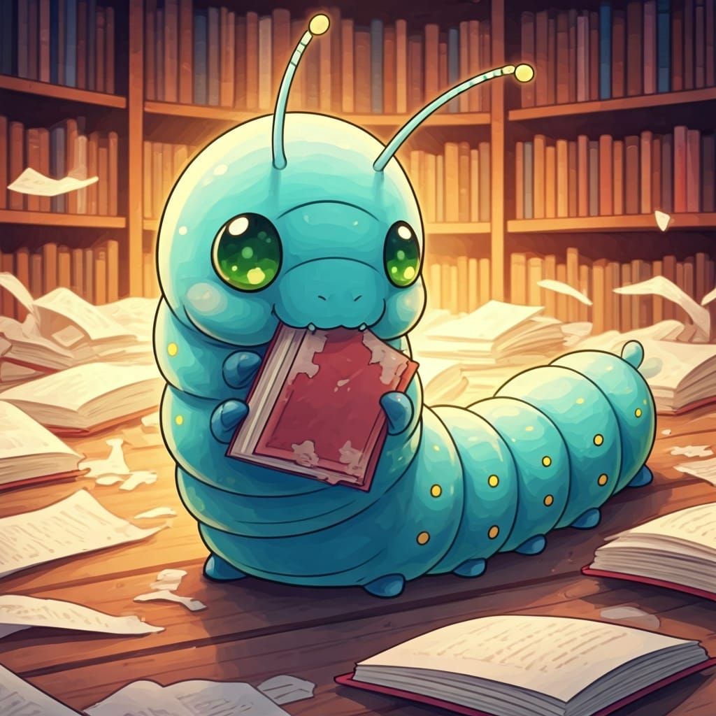 Excited Caterpillar Bookworm in Anime Style