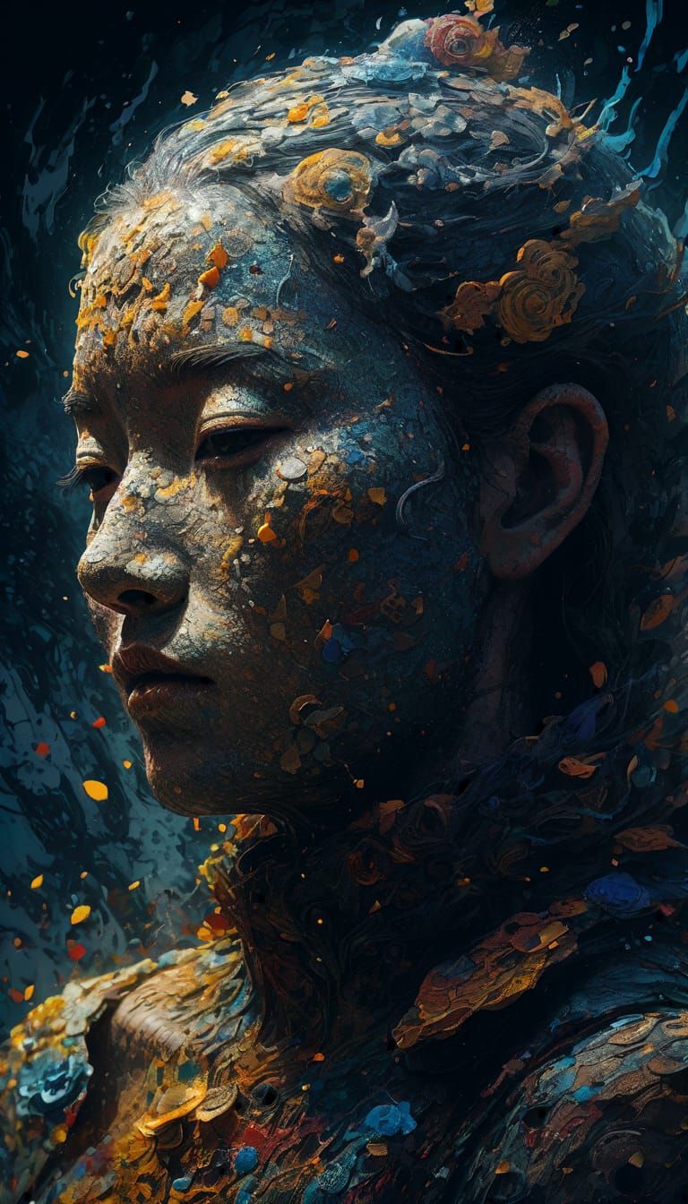 Surrealist Impasto Face with Dark Textures and Shadows