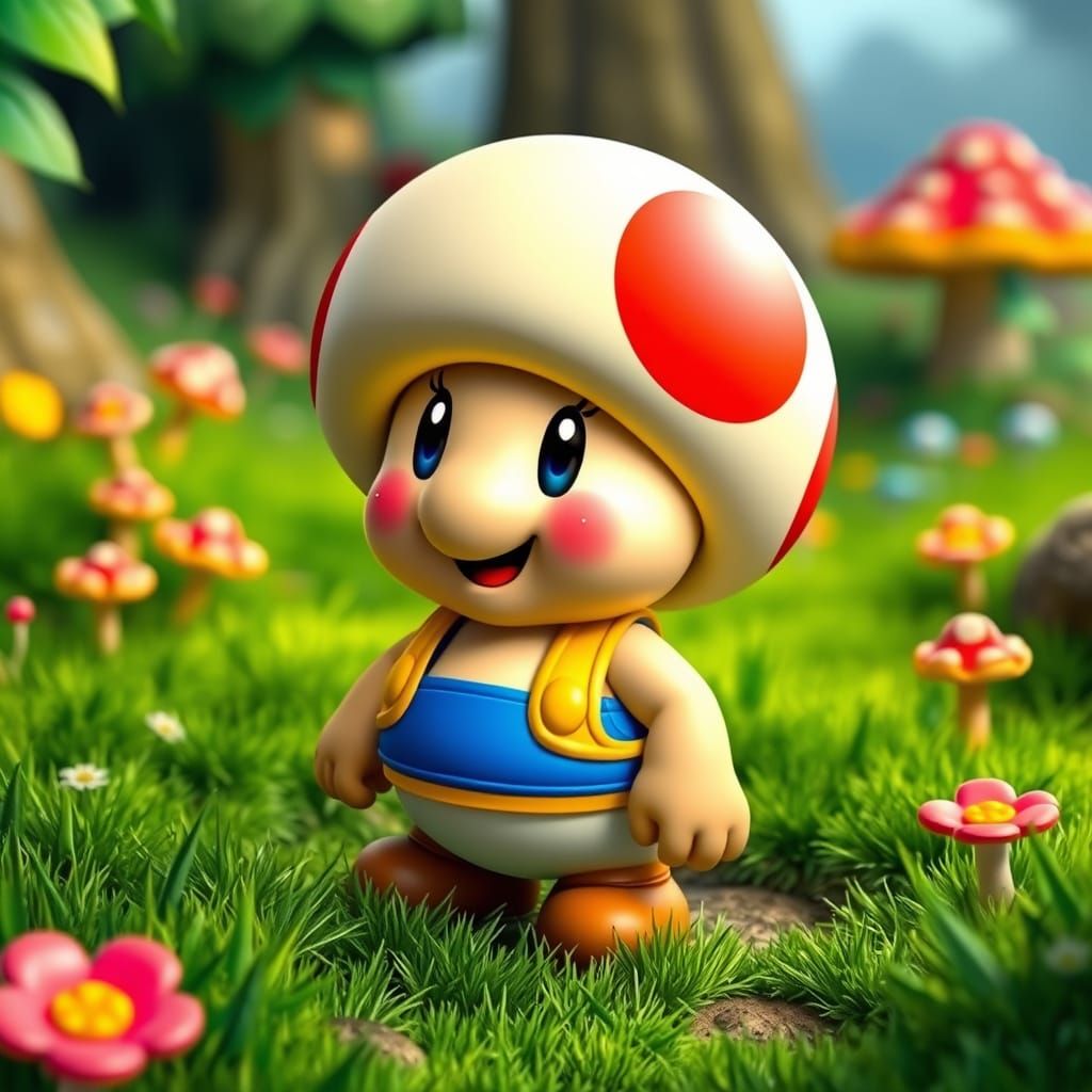 Toad in Mushroom Kingdom Landscape as Whimsical Art