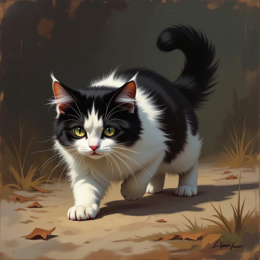 Sinister Munchkin Cat in Oil Painting Style