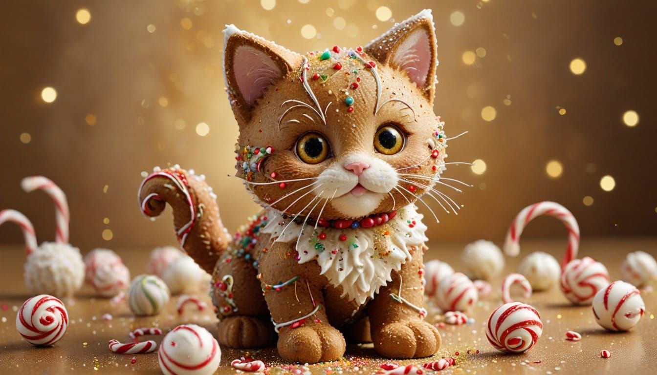 Whimsical Gingerbread Kitten Frolicking in a Festive Holiday...