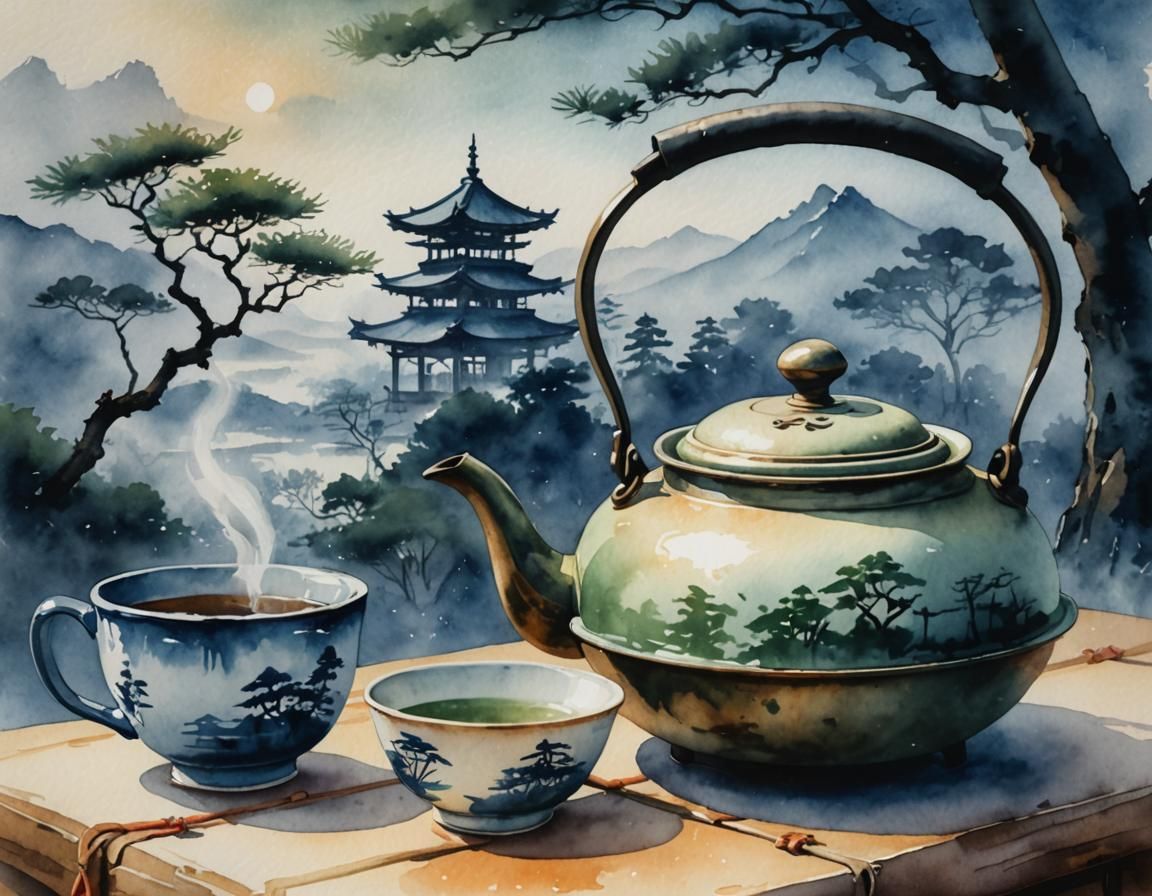 Japanese Tea Kettle and Cup in Watercolor Style