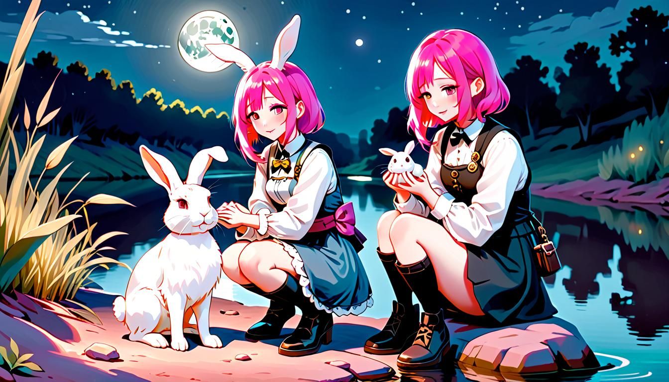 Girl with Pink Hair and Rabbit by River