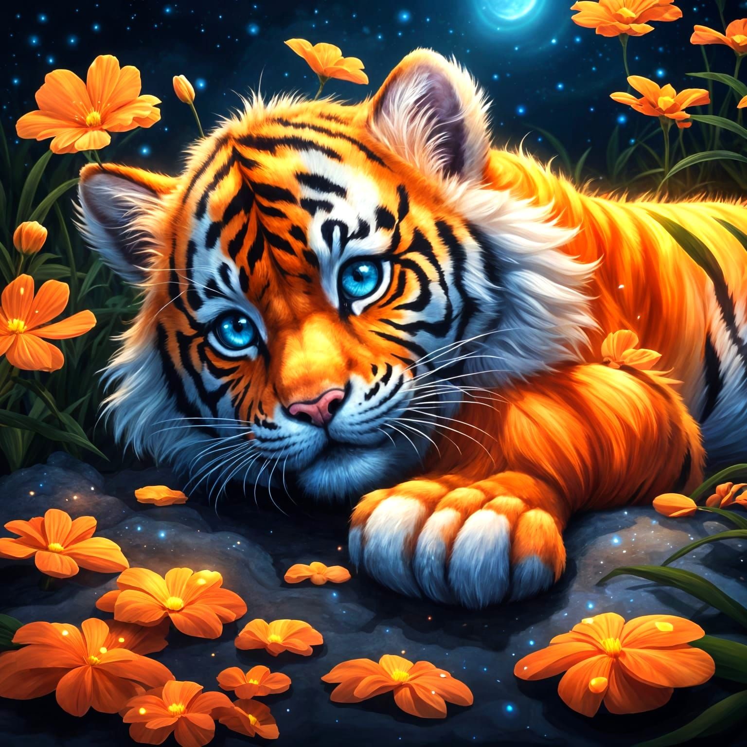 Adorable Tiger with Blue Eyes in Flower Garden