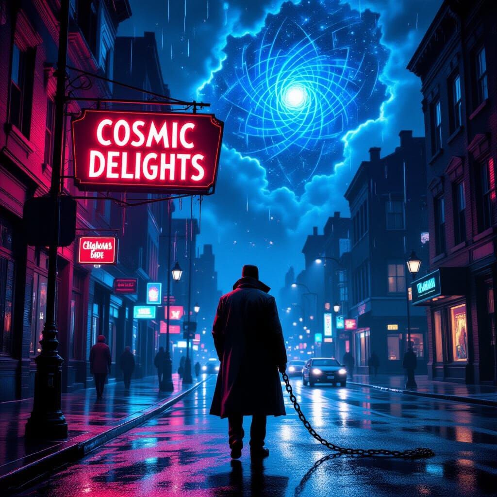 Cosmic Horror City Night: Lone Figure in Neon Glow