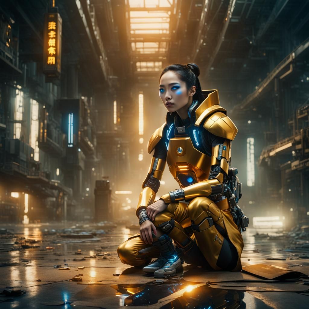 Chinese Cyborg Protects Infant in Cyberpunk Cityscape