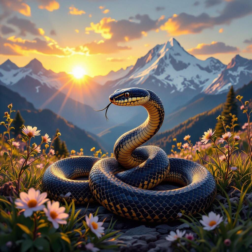 Venomous Serpent Awaits Prey in Radiant Mountain Landscape