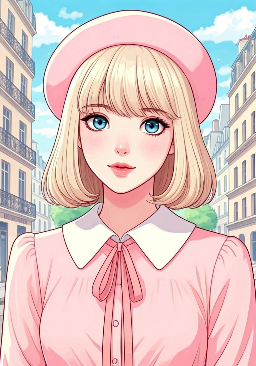 Korean Woman in Pink Beret: Shoujo Anime Style