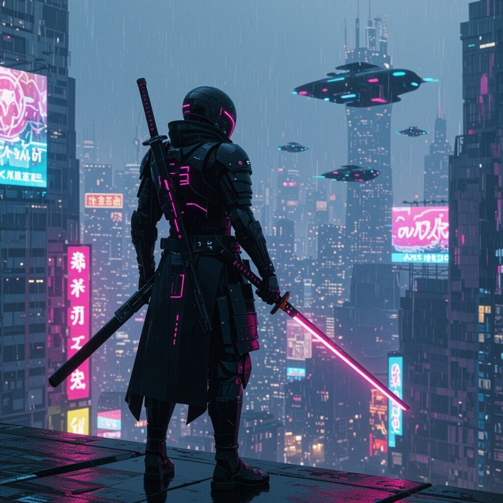 Cyberpunk Samurai Overlooking Neon Metropolis