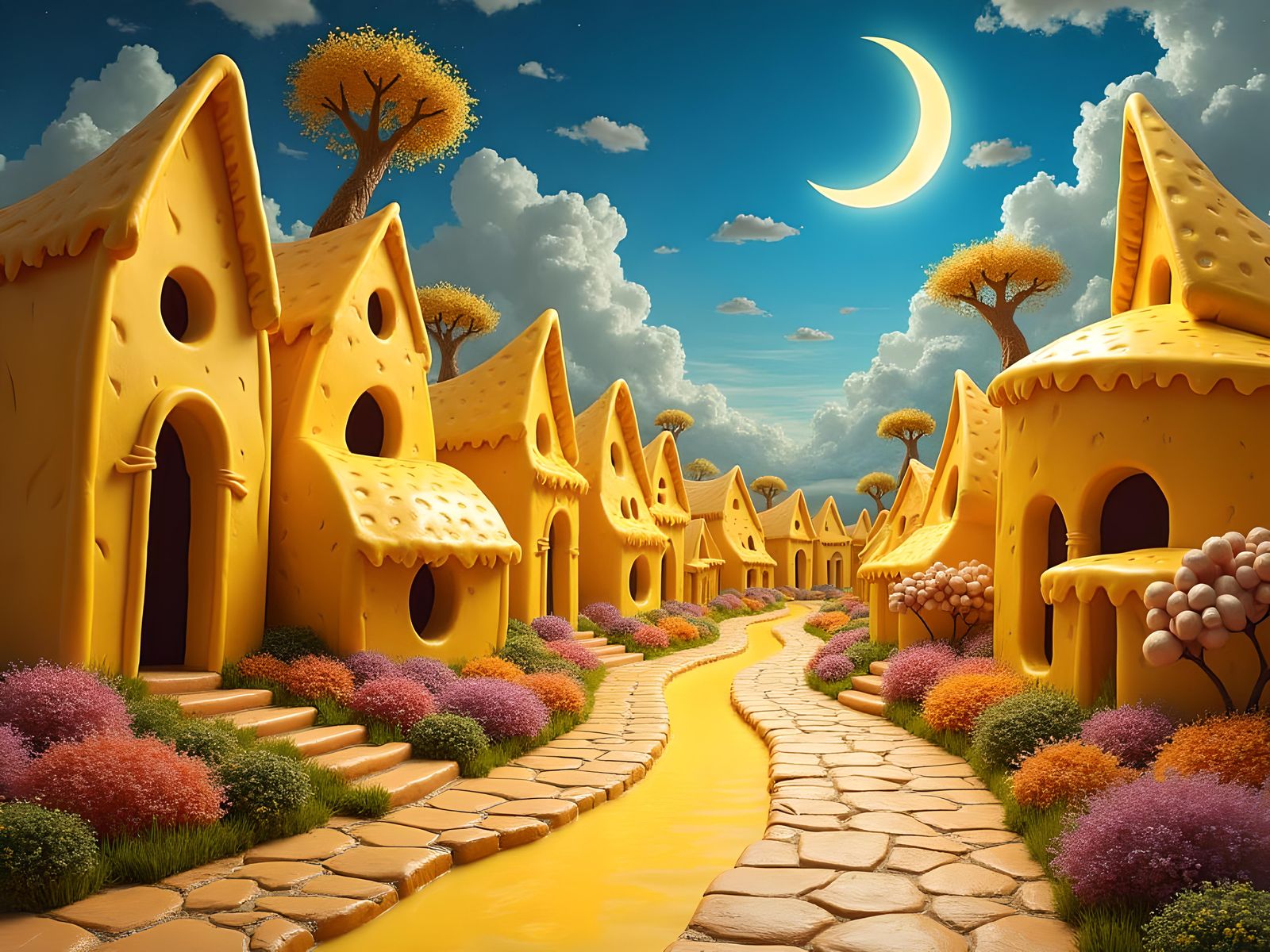 Surreal Cheese Village in Van Gogh Style