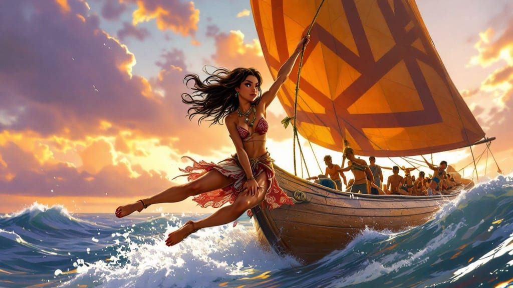 Vibrant Polynesian Heroine Swings from Canoe at Golden Hour
