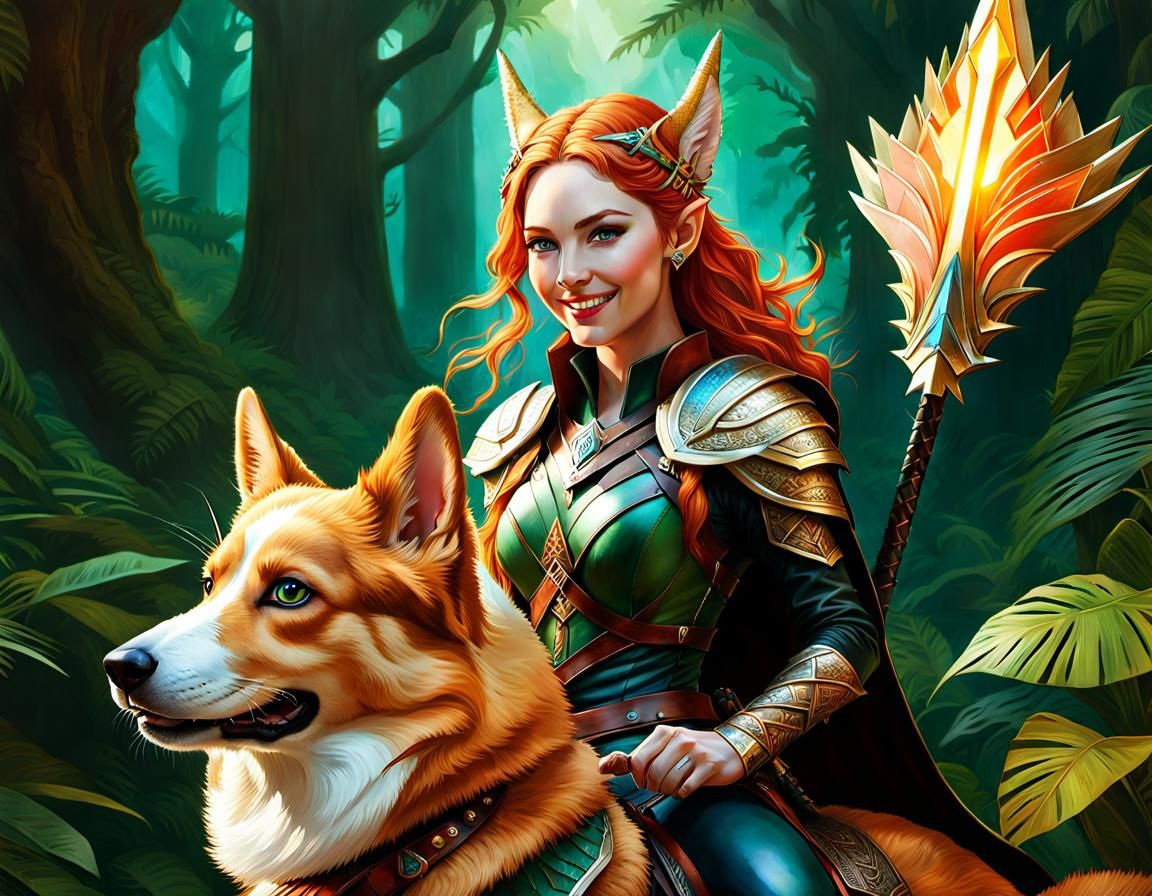 Elven Huntress Riding a Corgi in Jungle