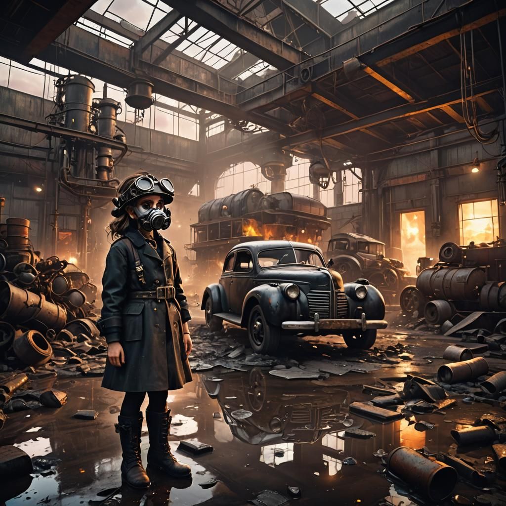 Dieselpunk Factory Interior with Girl and Tucker Car