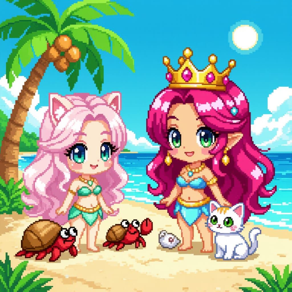 Pixel Art Fantasy Beach Scene with Anime Characters