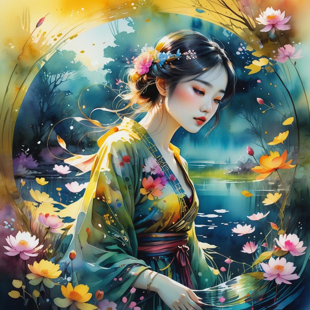 Dreamy Lake Glade in Watercolor Style