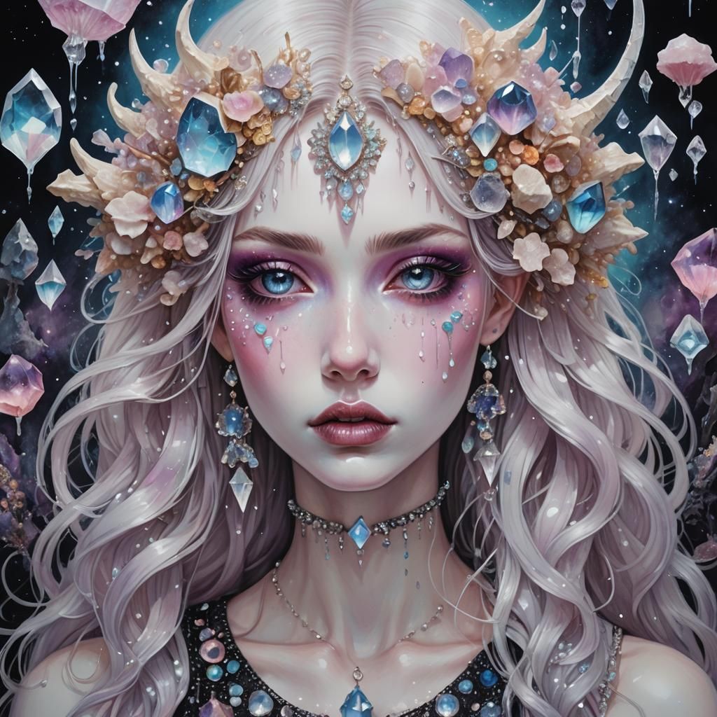 Crystalline Girl with Crescent Moon and Glowing Runes