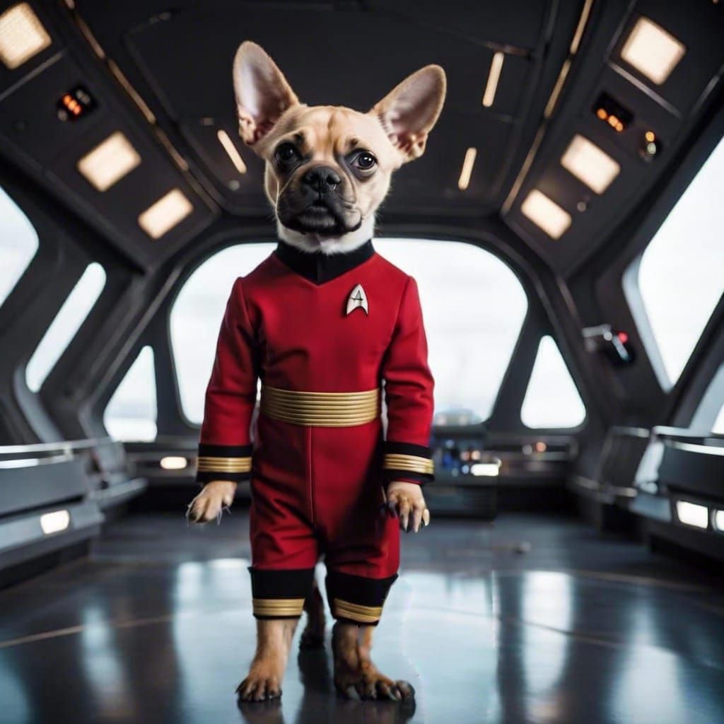 A photo portrait of a dog character from Star Trek.
