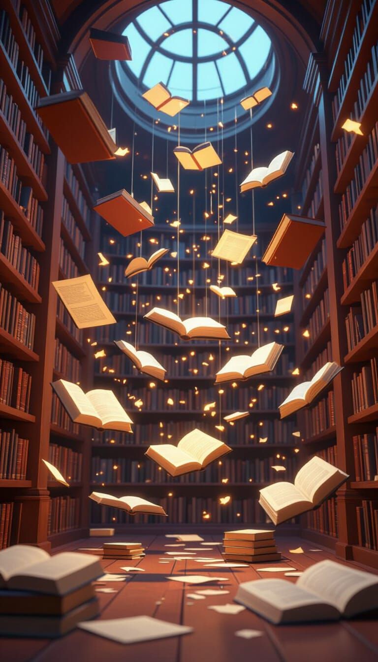 Floating Library in 3D Pixar Style