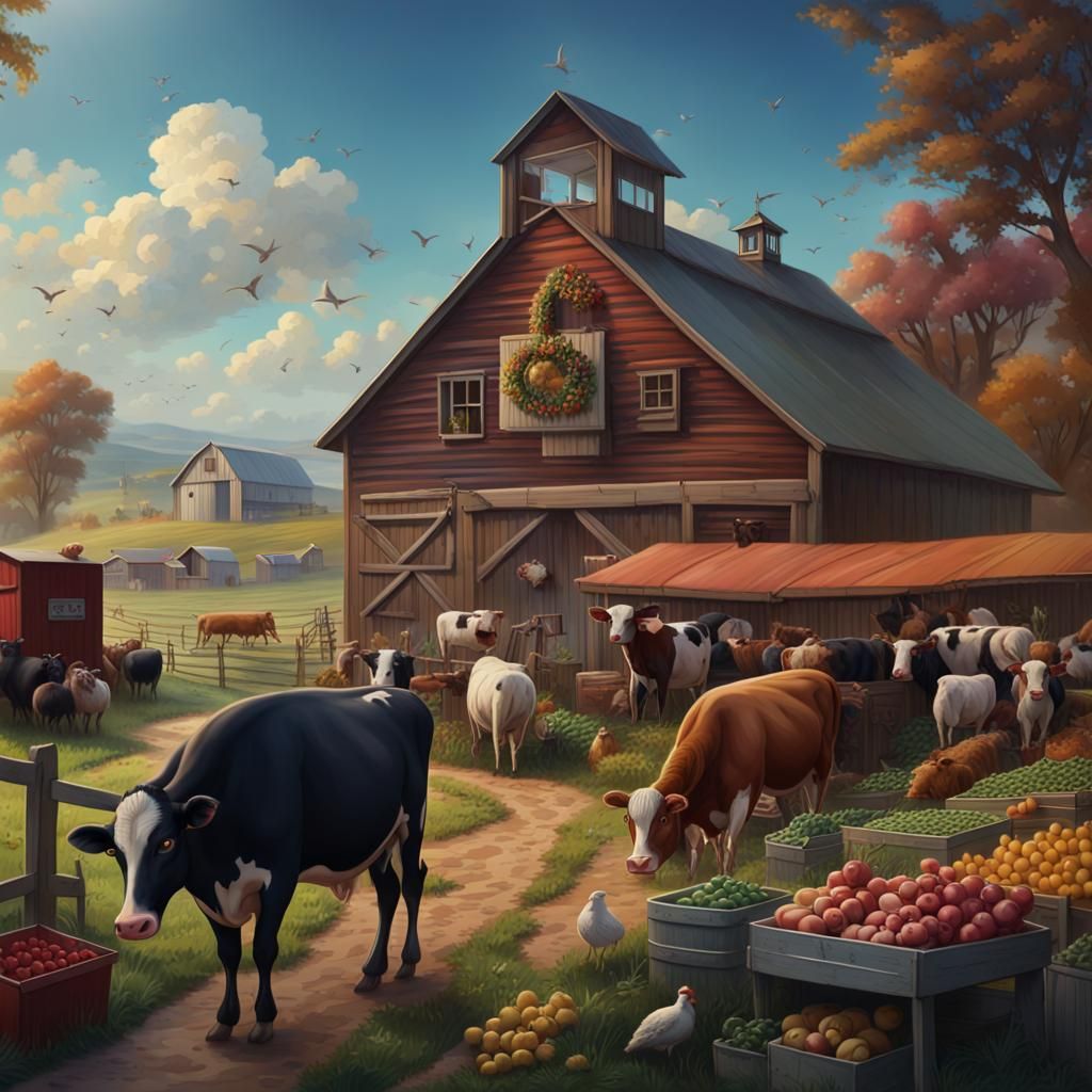 Vibrant Countryside Scene with Grazing Livestock