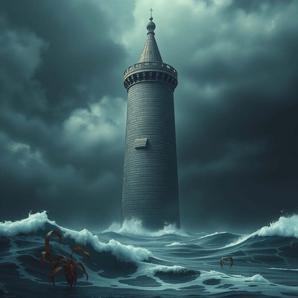 Tower Rising from Ocean in Digital Matte Painting Style