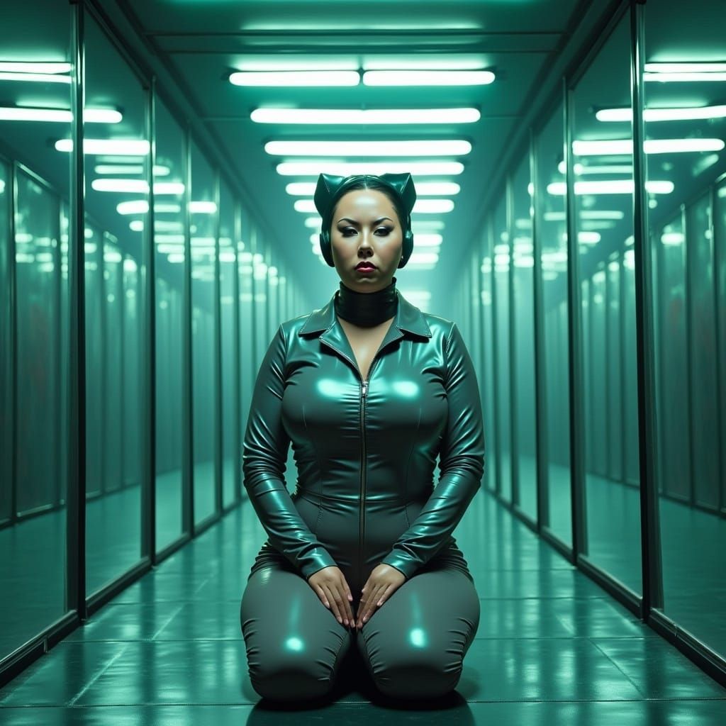 Woman in Dystopian Lab Cell with Neon Lighting and Greenish...