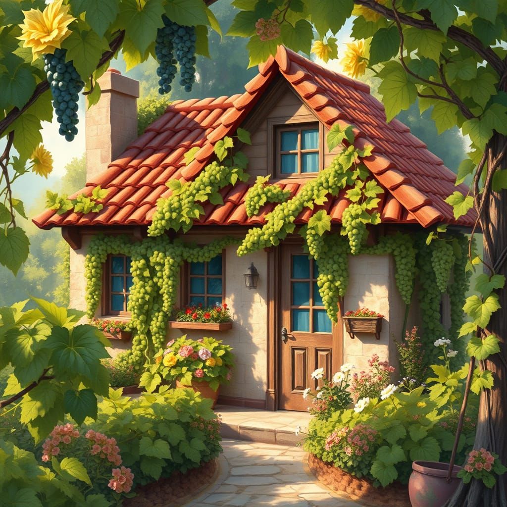 Cozy Vineyard Cottage in Whimsical Realism Style