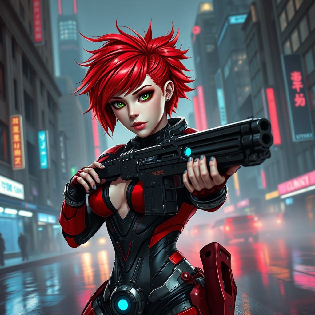 Futuristic Cyberpunk Warrior with Fiery Red Hair and Sleek B...