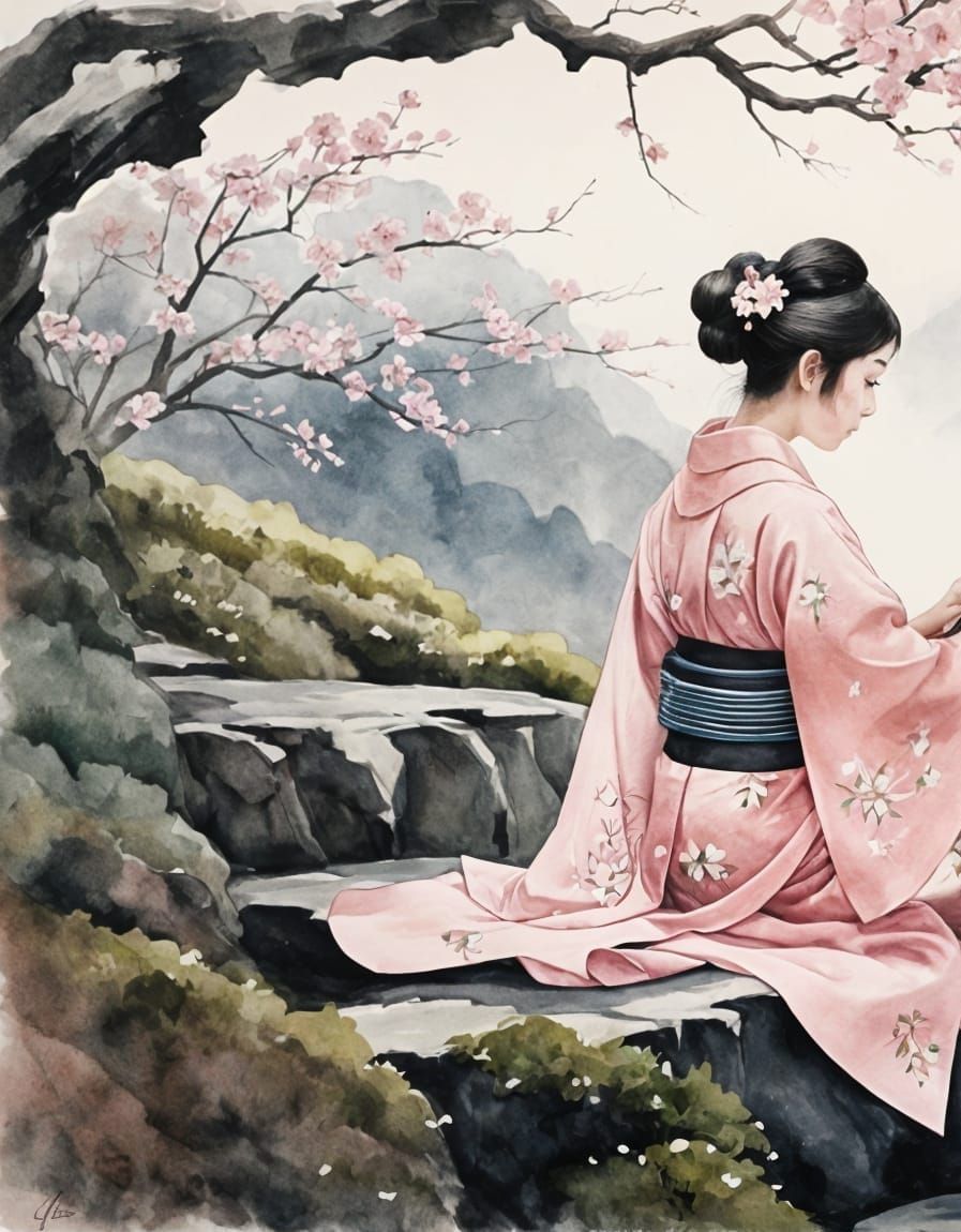Asian Woman in Kimono Playing Shamisen