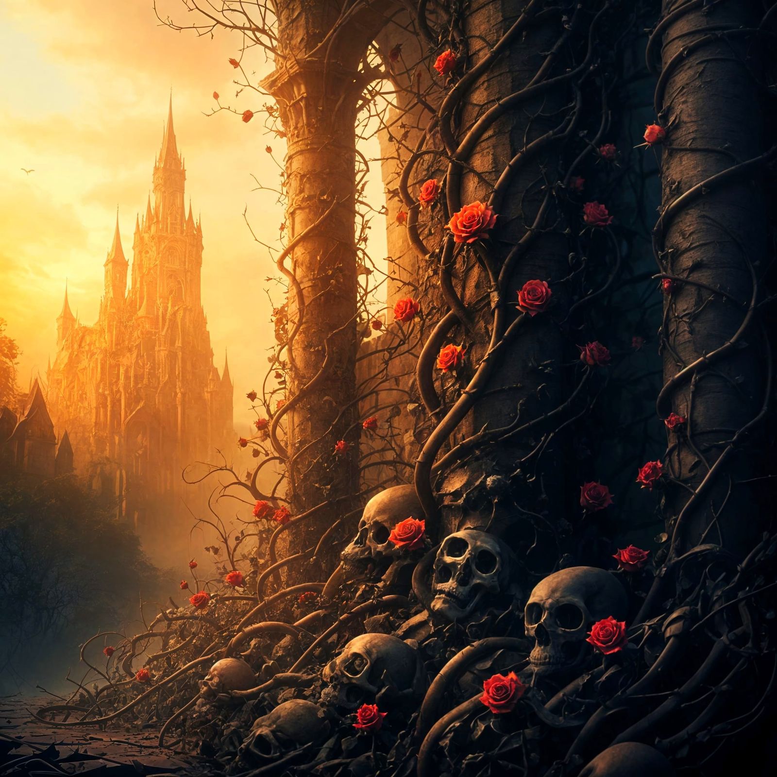 Photorealistic Fantasy Skulls in Overgrown Castle Façade