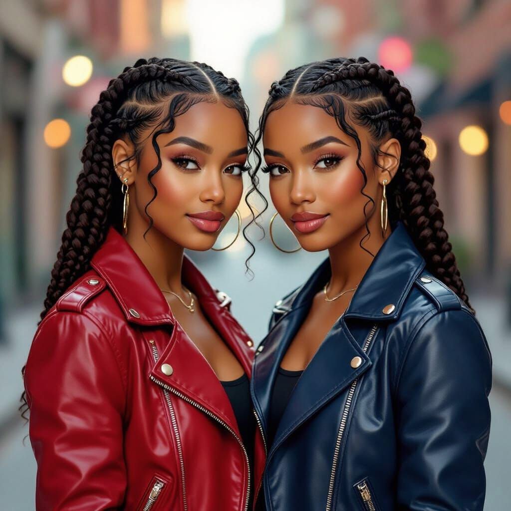 African American Women in Leather Jackets, Oil and Watercolo...