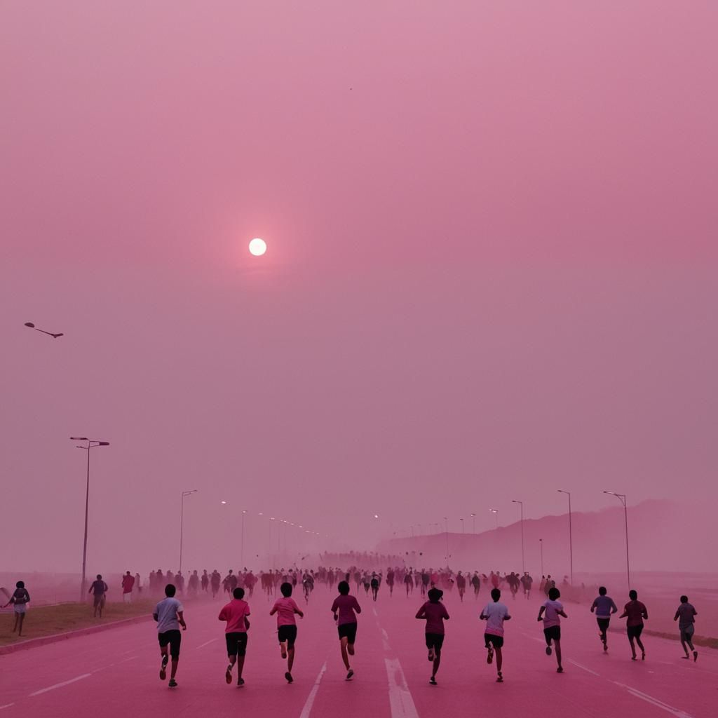 People Running Under a Pink Sky