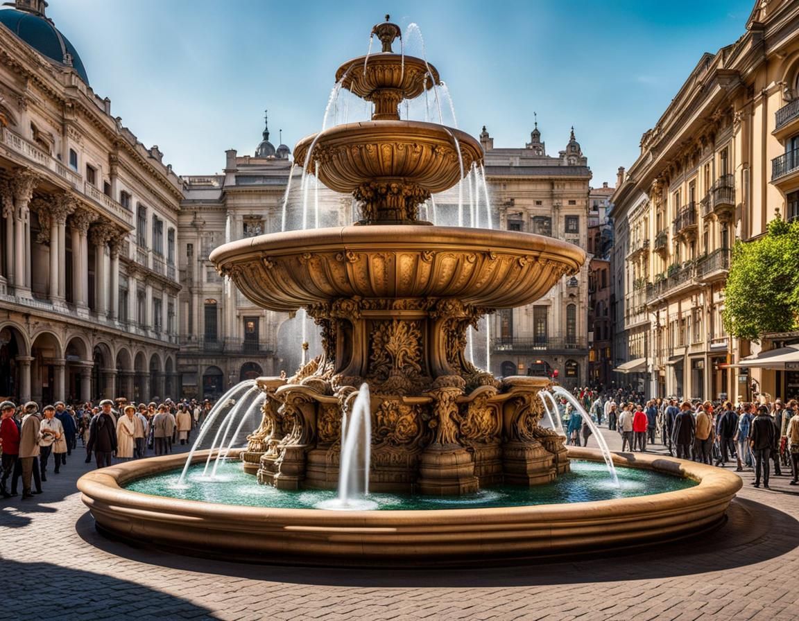 Renaissance Fountain in Crowded Square, Retrofuturist Style