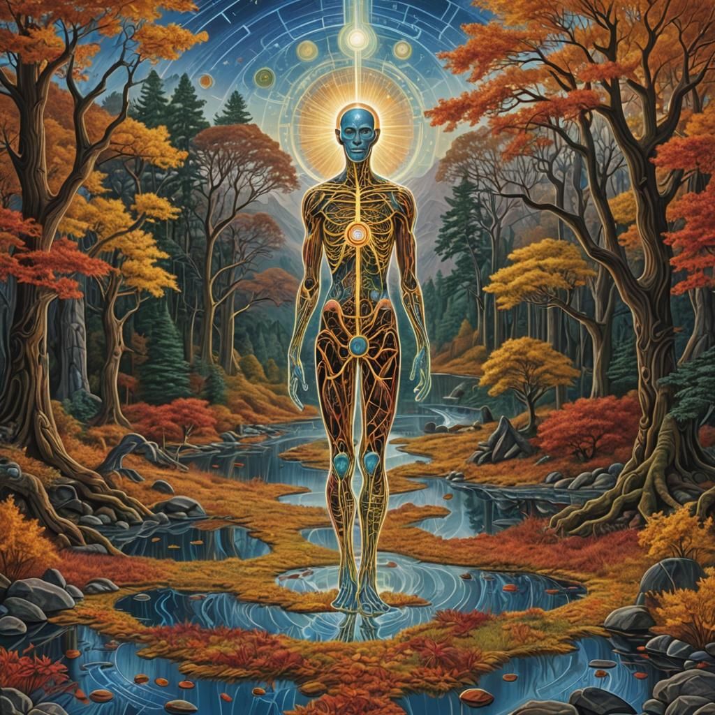 Ethereal Valley of Ancient Ones in Alex Grey Style
