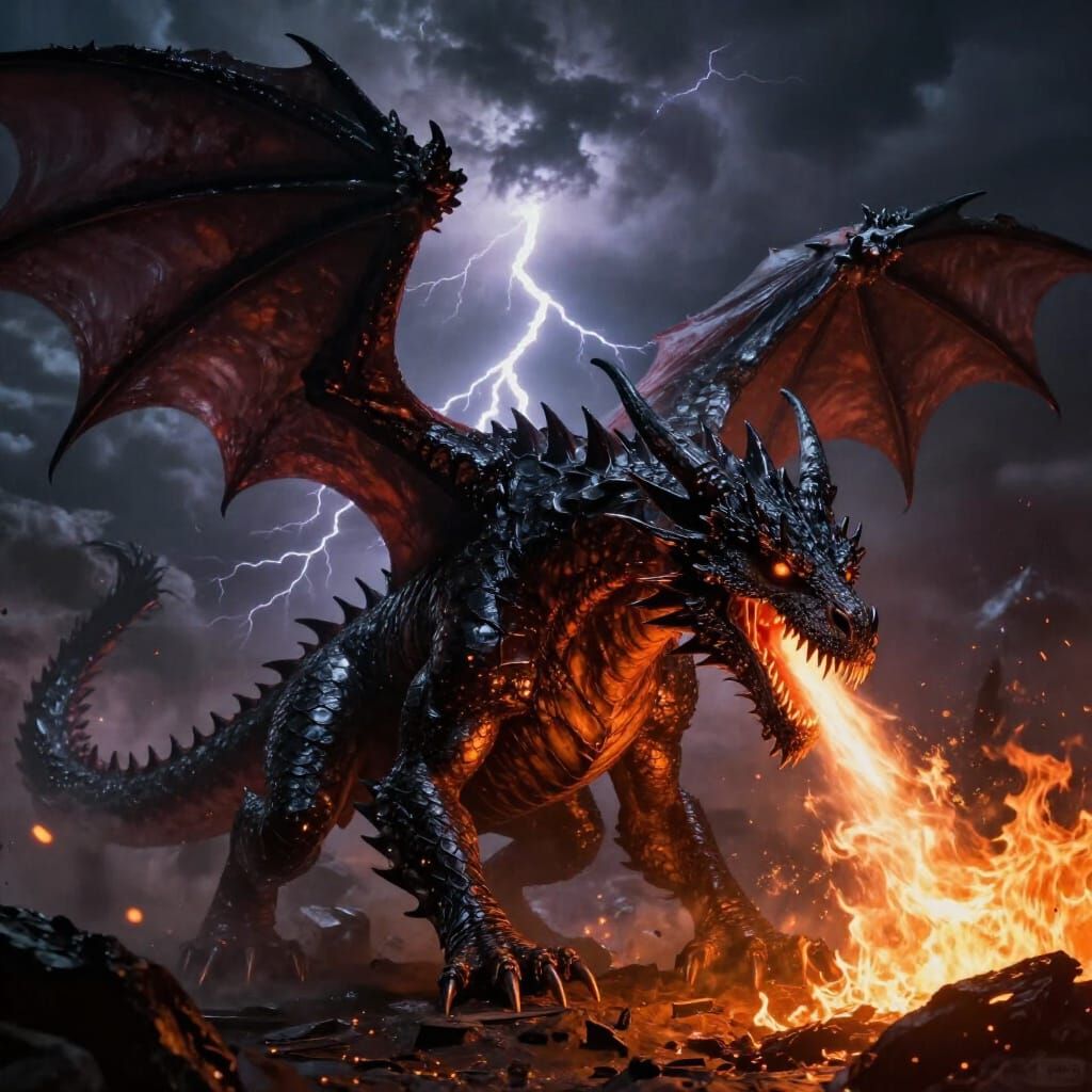 Fierce Obsidian Dragon Breathes Fire Under Stormy Sky
