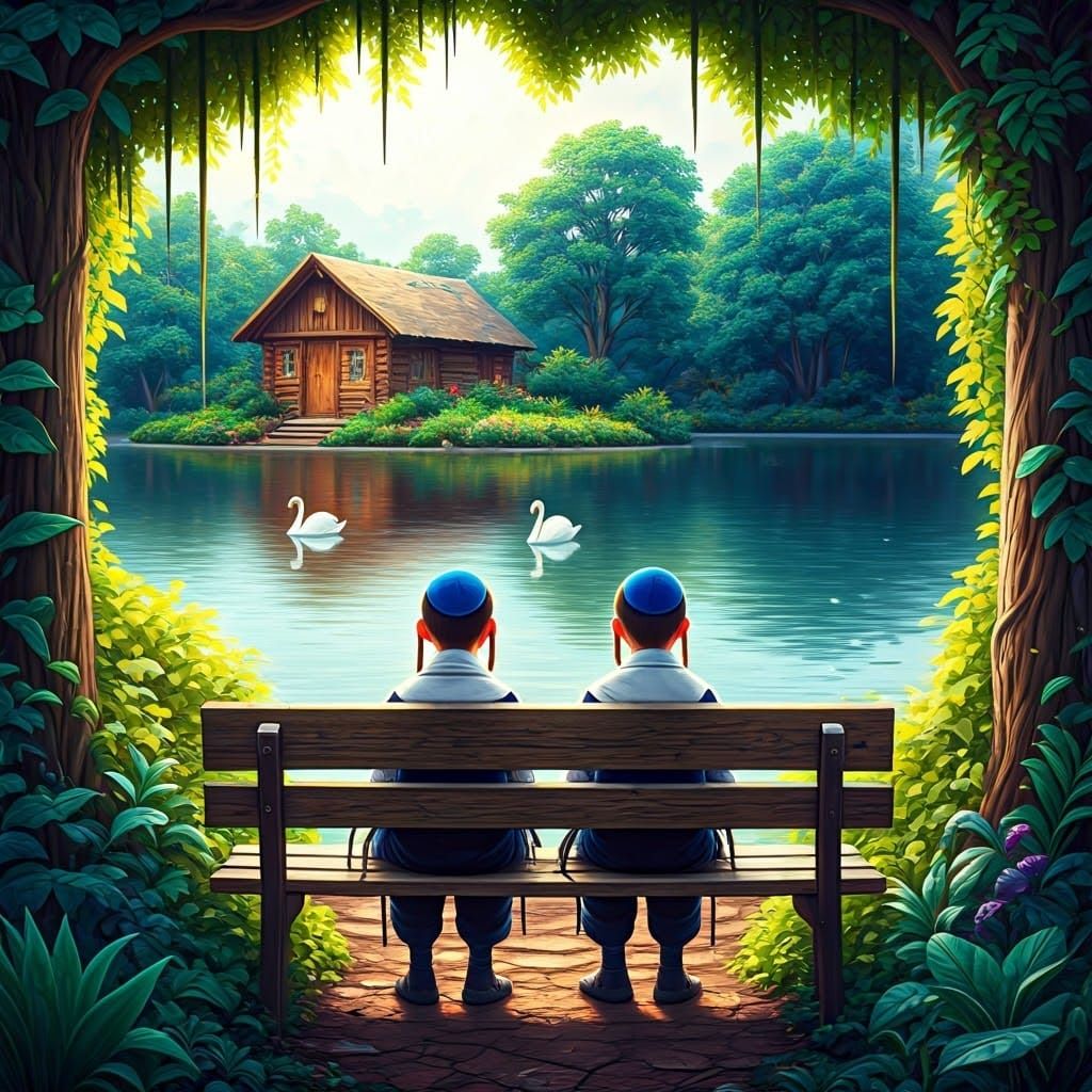 Children Admire Swans: Watercolor and Graffiti Art