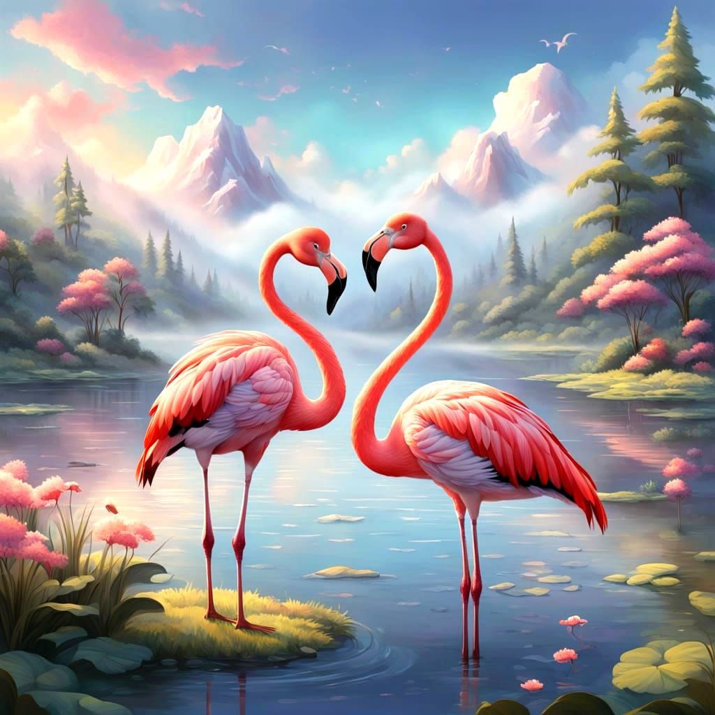 Pink Flamingos in Heart Shape on Sunny Day
