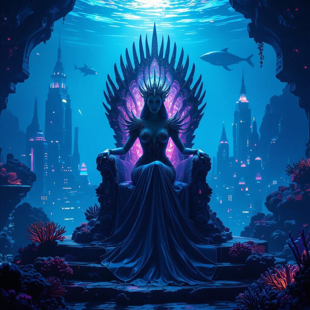 Alien Queen on Bioluminescent Coral Throne in Underwater Cit...