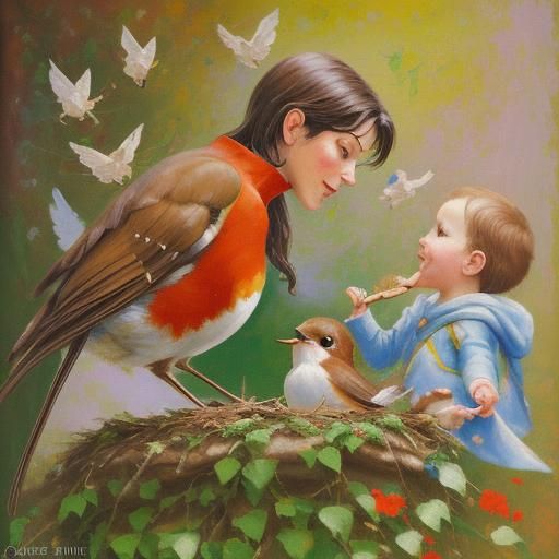 Robin Family Scene in Neo-Impressionist Style