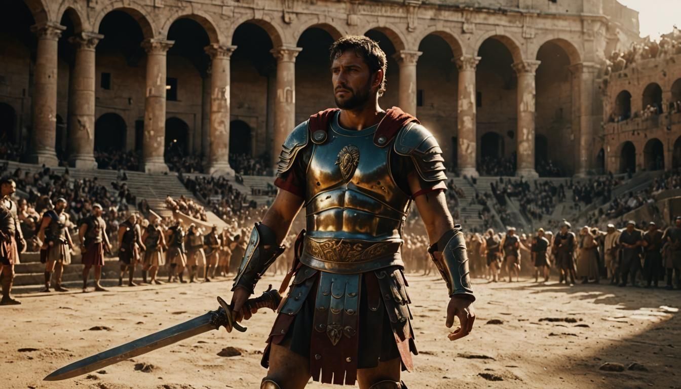Gladiator Standing Tall in the Coliseum, Muscular Figure in...