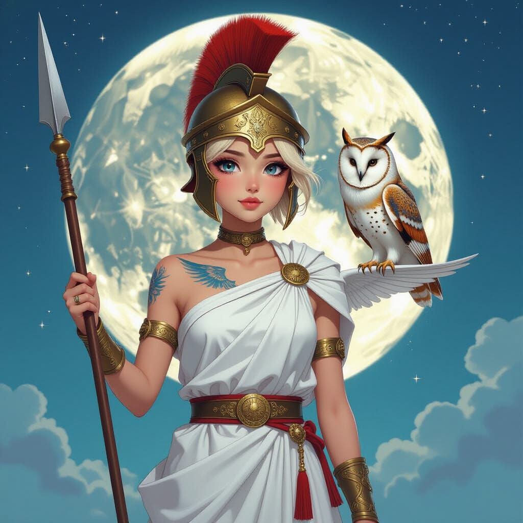 Anime Warrior Woman in Greek Toga Under Moonlit Sky