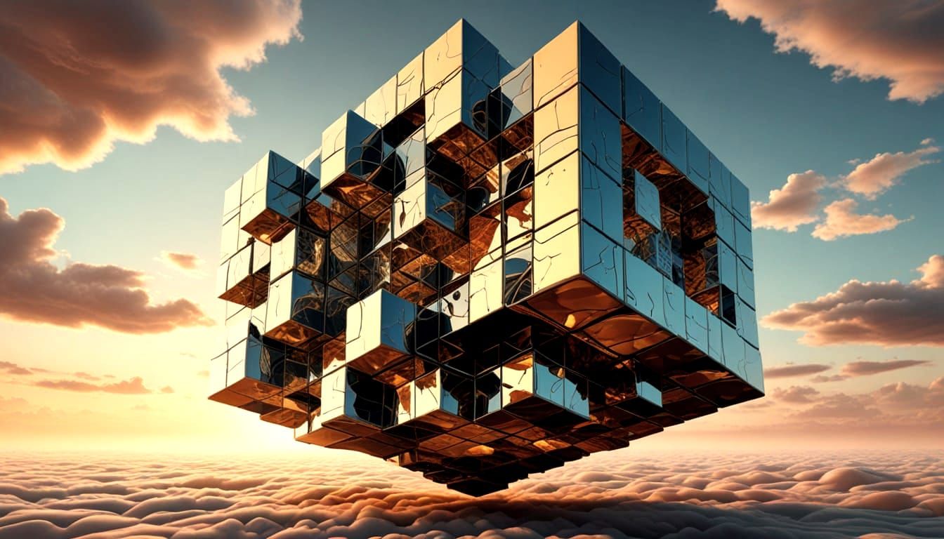 Ethereal Fractal Cube in Cloudy Abyss
