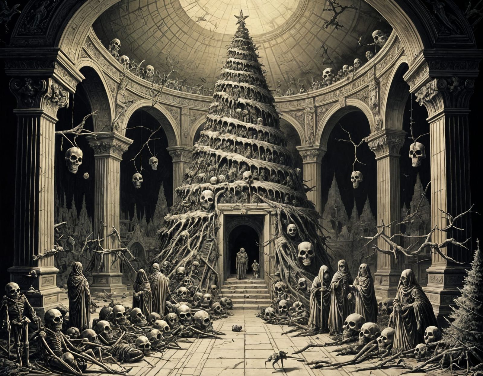 Creepy Christmas Tree of Bones and Mummies in Tomb