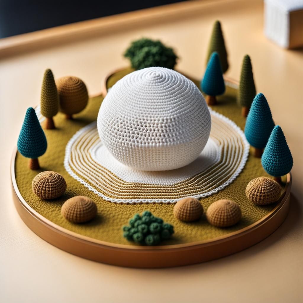 Isometric Crochet World in White Thread, Hyperrealistic 3D