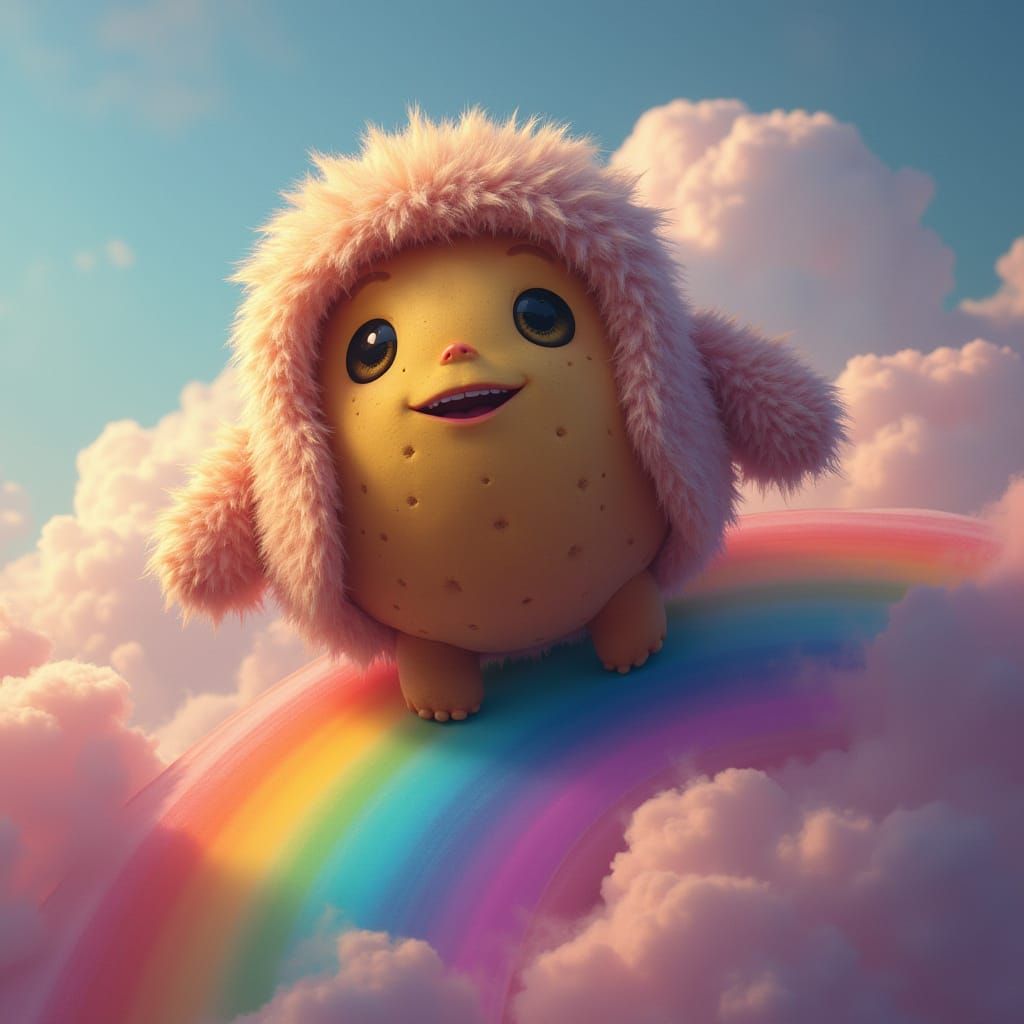 Fluffy Potato Climbs Vibrant Rainbow in Ethereal Light